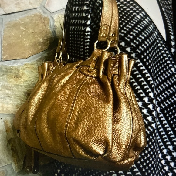 VGUC. Sigrid Olsen Brown/Bronze leather shoulder bag/drawstring bag. - Picture 3 of 16